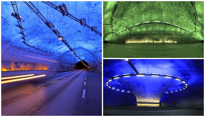 На норвежской трассе можно попасть в мега туннель Лердаля, протяженность которого составляет 24,5 км с массой развилок и даже круговым движением (Норвегия).