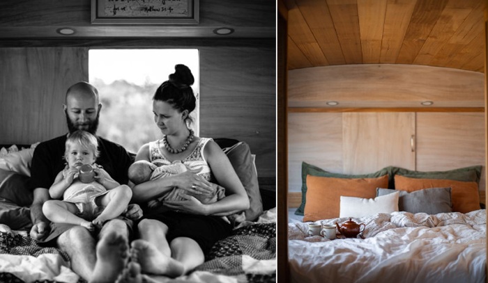 Просторная родительская спальня в задней части автобуса (The Bus Hideaway).