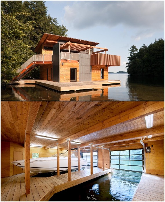 Плавучий дом необязательно должен быть странным или сюрреалистичным, можно обойтись и деревенским стилем, лишь бы было комфортно и надежно (Muskoka Boathouse, Канада).