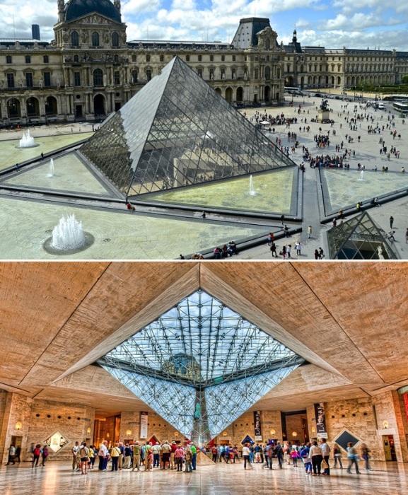 В Лувре было создано сразу пять стеклянных пирамид, одна из которых перевернута (Париж, Франция).