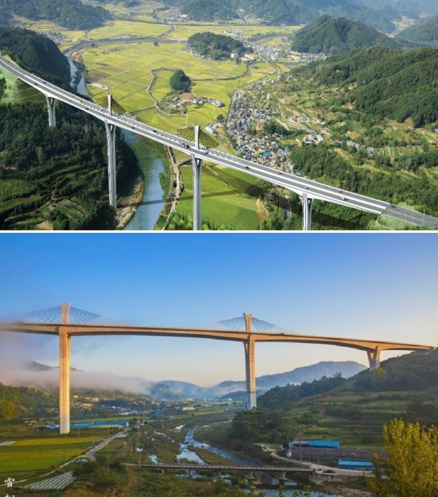 Виадук Яро – самый высокий мост Южной Кореи, органично вписанный в природный ландшафт (Чондэ-ри, Южная Корея). 