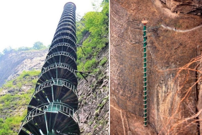 Только физически здоровые и смелые путешественники могут подняться на вершину винтовой лестницы, поскольку сойти с «дистанции» на полпути не удастся (Spiral Staircase in Taihang Mountains).