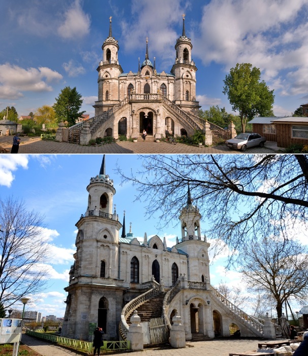 Двухэтажная церковь в неоготическом стиле находится на территории усадьбы М. М. Измайлова (с. Быково, Московская область).