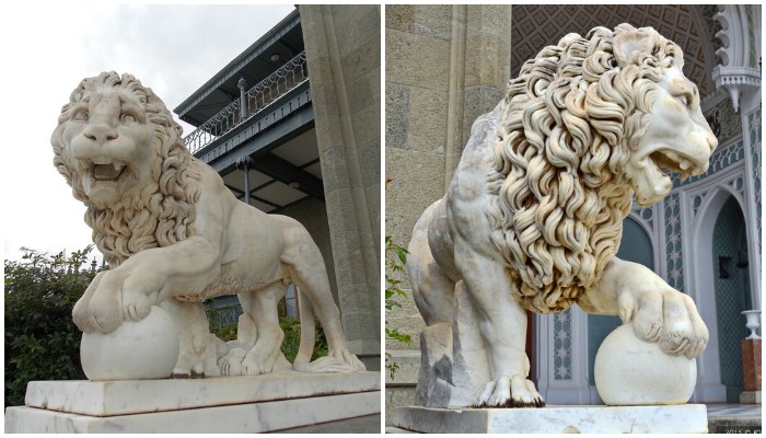 Самые грозные львы находятся на вершине лестницы, прямо у входа в Главный портал «Альгамбра» (Воронцовский дворец, Алупка).