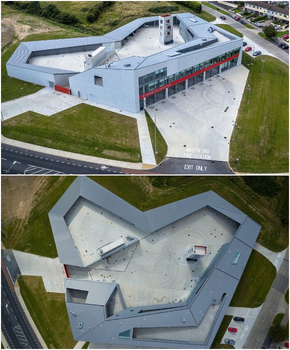 Многофункциональное здание Пожарной части окружает просторный внутренний двор криволинейной формы (Уотерфорд, Ирландия). 