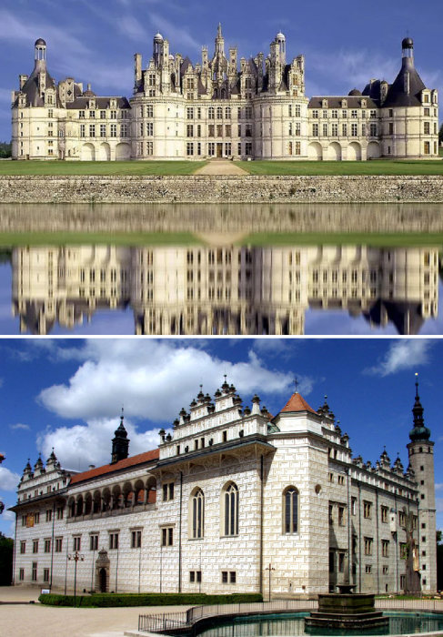 Замки в стиле ренессанс одинаково уместно смотрятся как в городе, так и в окружении природного ландшафта.
