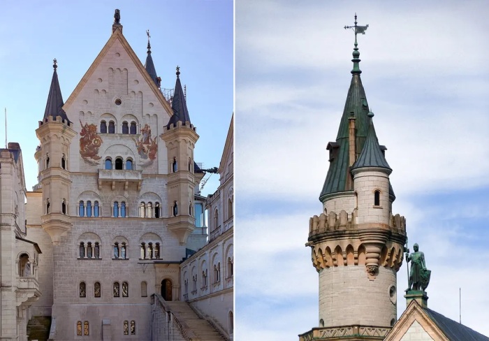Интерпретация средневекового фасада из белого известняка Нойшванштайна с синими башенками послужила вдохновением и моделью для замка в диснеевской «Спящей красавице» (Бавария).
