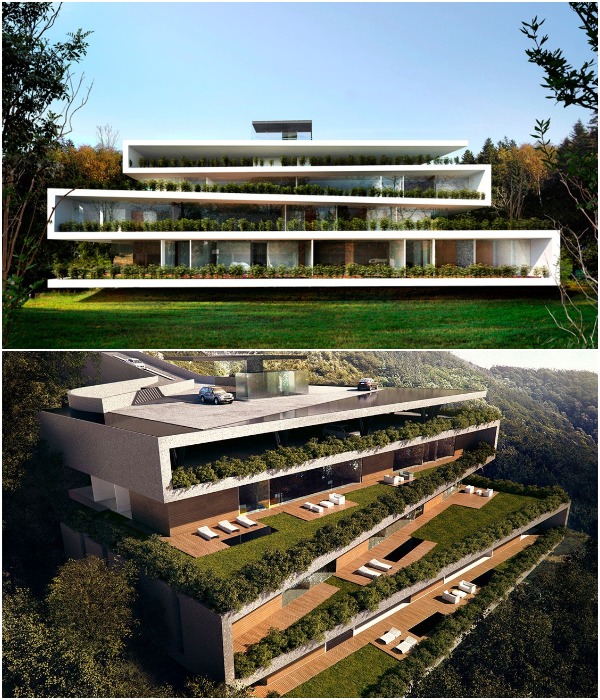 Главная идея проекта заключалась в том, чтобы сохранить природный холм и построить роскошный жилой комплекс (дизайн-проект от Sordo Madaleno Arquitectos).