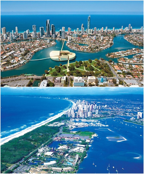 Болота превратились в ультрасовременный город Золотого побережья с разветвленной системой каналов, лагун и островов (Австралия). 