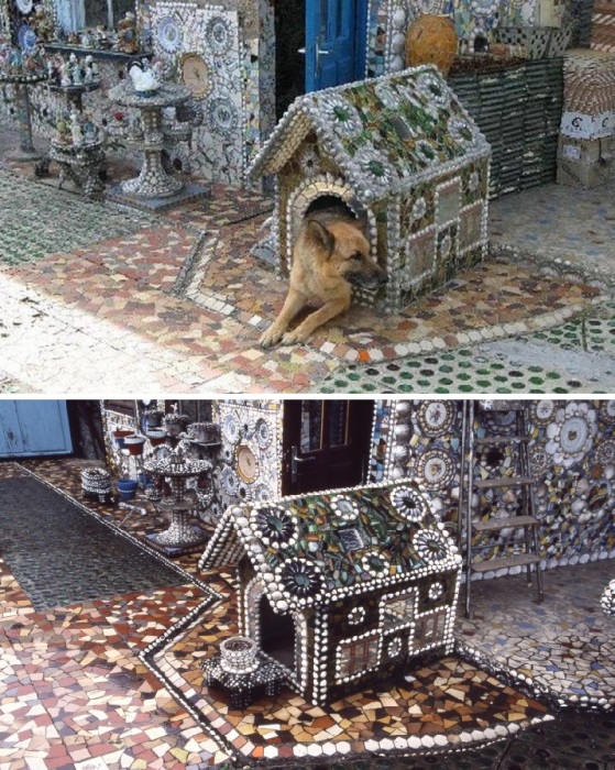 Даже будка у собаки превратилась в мозаичное полотно (La Maison Cassée Vaisselle, Франция).