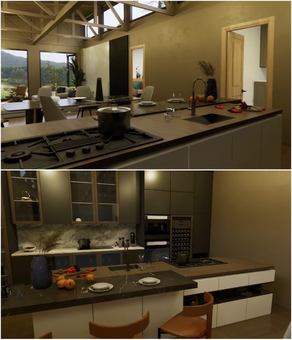 Функциональный кухонный остров с барной стойкой.