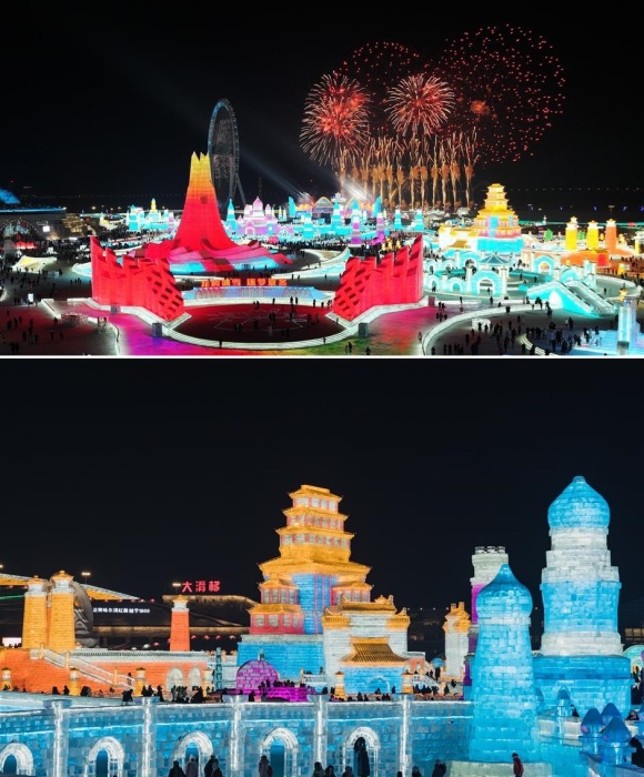 Фейерверки и колесо обозрения привлекают большие толпы посетителей в ночное время («Харбинский ледяной и снежный мир», Китай).