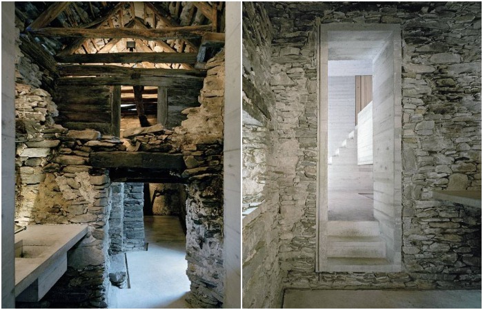 По возможности сохранили каменную кладку и массивные балки (Casa d'Estate, Швейцария).
