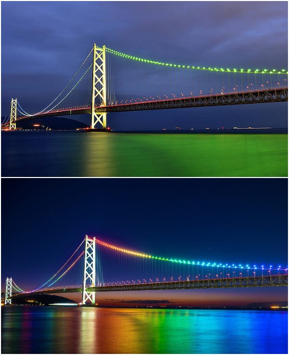 Каждую ночь мост завораживает жителей островов и туристов разноцветной иллюминацией (Akashi Kaikyo Bridge, Япония).