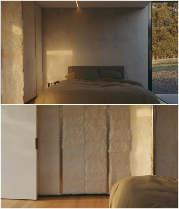 Та самая спальня, в которой стена обита овечьими шкурами (поместье Triptych, Тасмания).