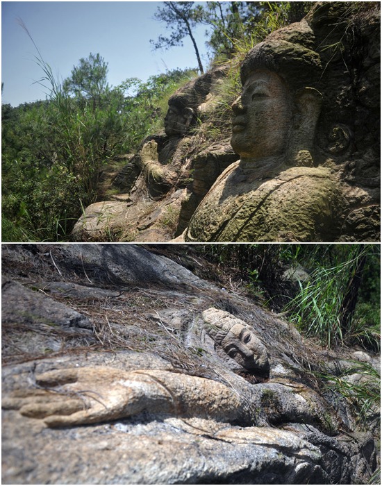 Скала Тысячи Будд украшена каменными барельефами, которым уже более тысячи лет (Цзинань, Китай).