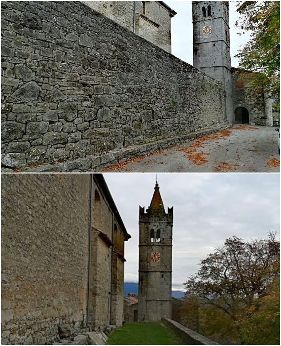 На западной стороне утеса сохранились каменные стены от оборонительного комплекса, появившегося в Средние века (Хум, Хорватия).