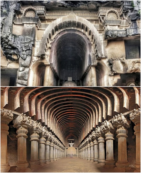 Архитектура и декор пещер представляют собой смесь буддийского и индуистского стилей, демонстрируя красоту колонн и высеченных из камня скульптур (The Kondana Caves, Индия).