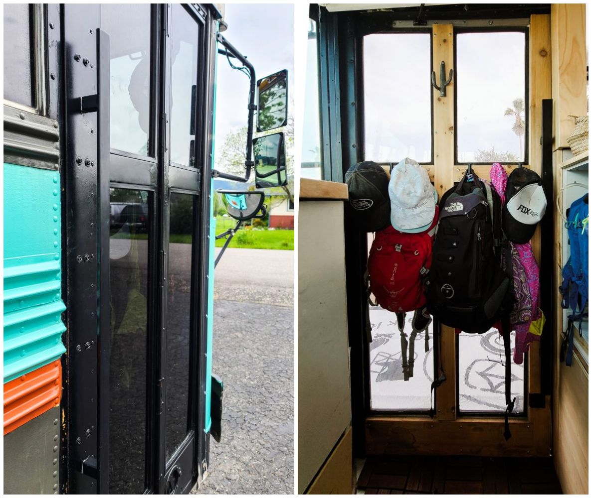 Сохранили оригинальную дверь школьного автобуса.