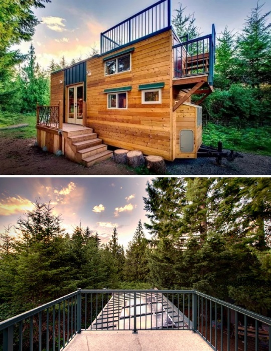 На крыше установлены терраса и солнечные панели (Basecamp Tiny Home, США).