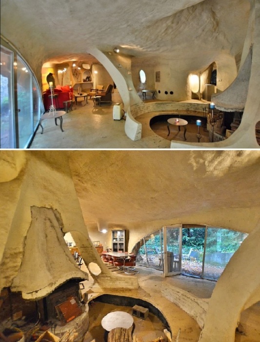 Стены грубой отделки, скругленные потолки, причудливые перегородки – все это делает дом больше похожим на доисторическую пещеру (Le Chant du Cygne, Нью-Конкорд).