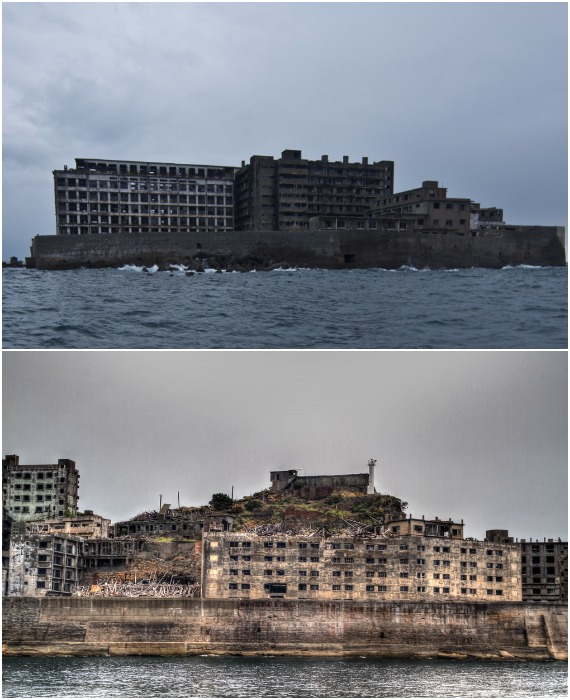 Уже издалека видно, что островной город давно покинут людьми (Hashima Island, Япония).