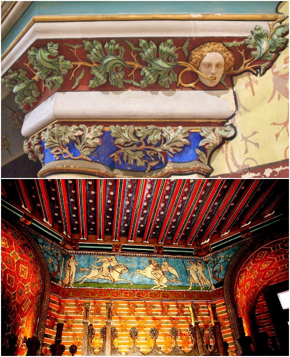 Стены интерьера замка украшены яркими орнаментами, скульптурными панелями и резными деталями (The Château de Pierrefonds, Франция).