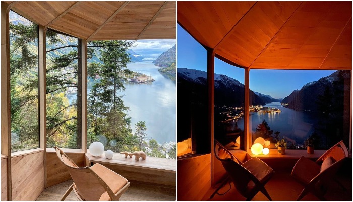 Гостиная, как и прежде, находится у панорамного окна (Woodnest Mountaintops, Норвегия).