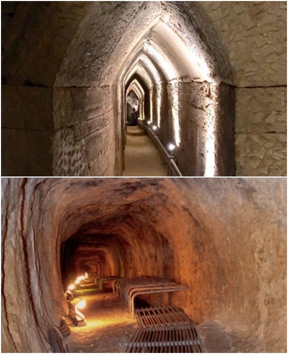 По всему пути следования проведено электричество, что делает путешествие более впечатляющим и информативным (туннель Эвпалиноса, Греция).
