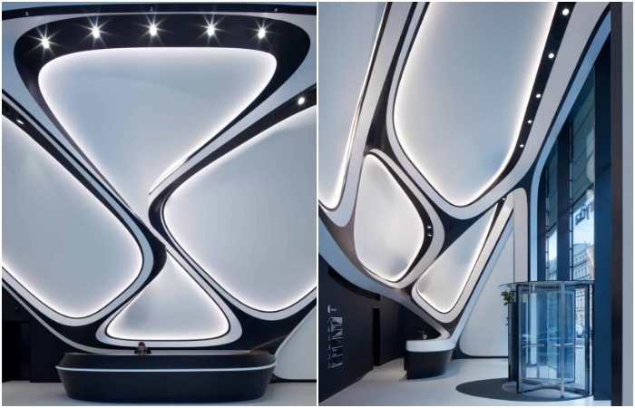 Дизайн интерьеров полностью соответствует эстетике футуристических фасадов.