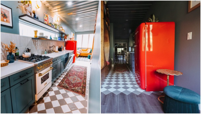 Главной акцентной точкой стал ярко-красный холодильник, притягивающий взгляд как из кухни, так и со стороны гостиной (Roca Box Hop, США).