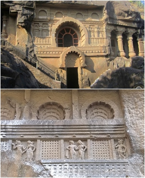 Фасады украшают замысловатые узоры и сцены из жизни Будды (The Kondana Caves, Индия). 