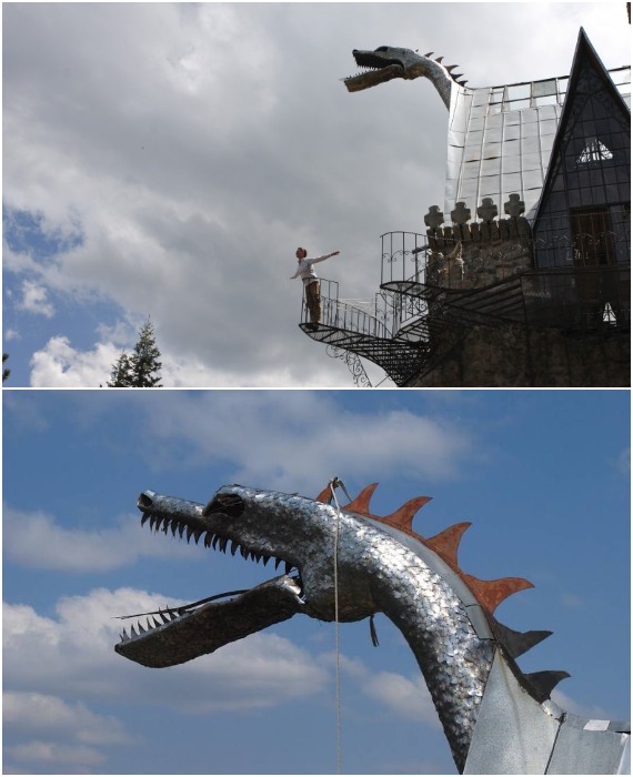 На создание дымохода в виде огнедышащего дракона вдохновили стальные пластины, которые использовались в нагревательных приборах (Bishop Castle, США).