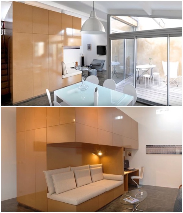 Удобный диванчик, определяющий гостиную, также интегрирован в модуль (Бордо, Франция). 