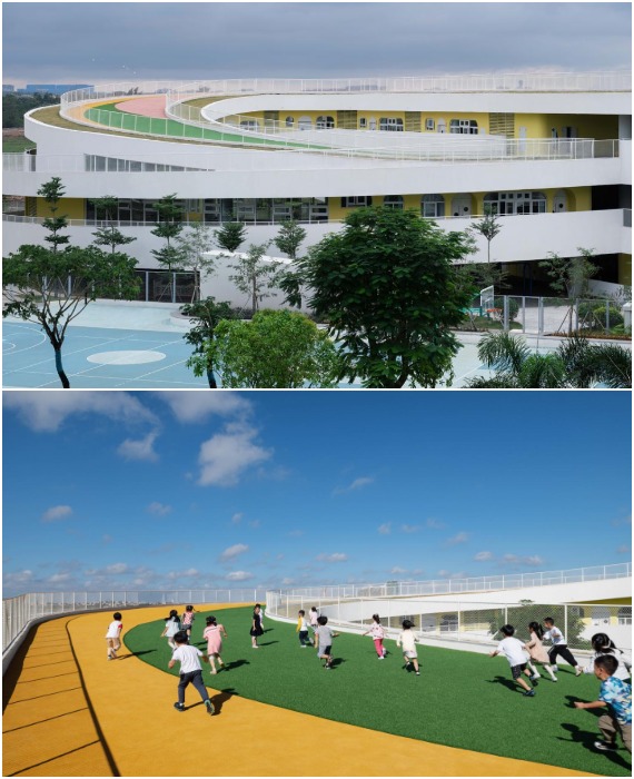 На многофункциональную крышу ведут безопасные пандусы, которые можно использовать для активных игр, прогулок и пробежек (Jiangdong Huandao Experimental School, Китай).