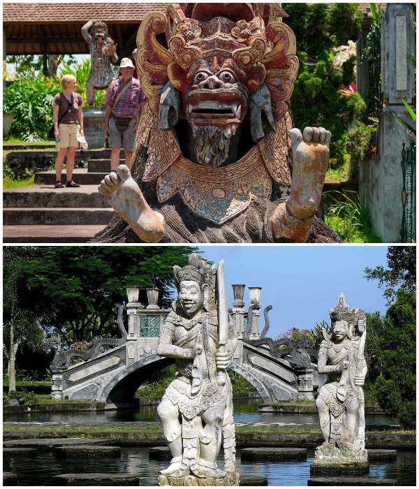 Территорию парковой зоны «охраняют» каменные и мраморные изваяния демонов, божеств и мифических существ (Tirta Gangga Water Palace, Бали).