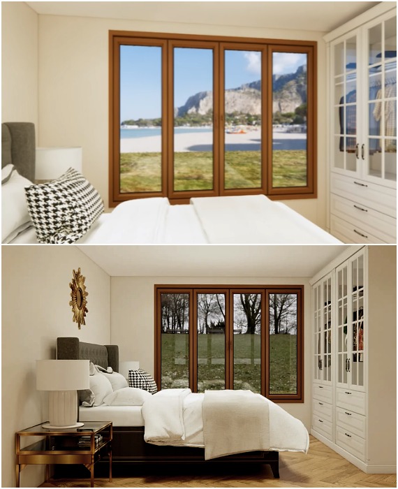 Минималистичный интерьер спальных комнат компенсируется прекрасными видами из окна.