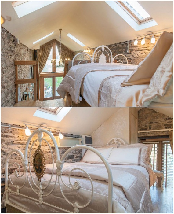 Спальня с роскошной двуспальной кроватью находится на втором уровне, где имеются мансардные окна, открывающие вид на звезды (Crows' Hermitage, Ирландия).