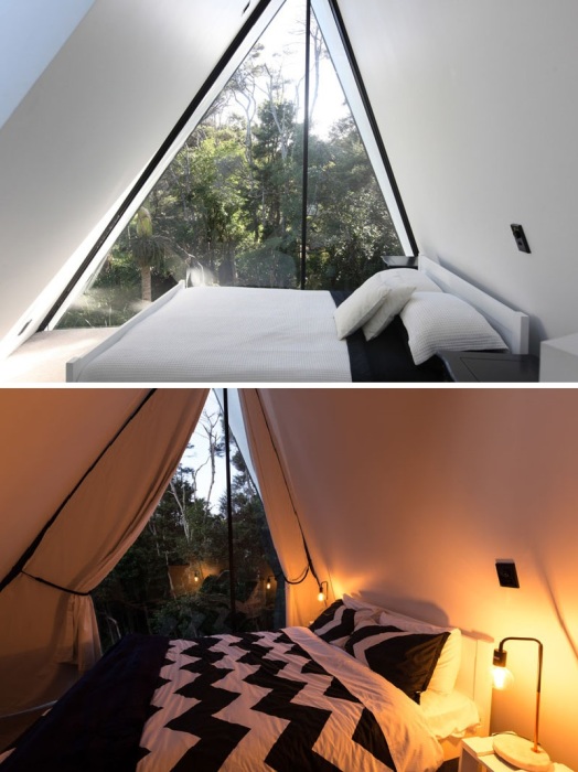 С помощью текстиля можно внести коррективы в белоснежный интерьер спальни (The Tent House, Новая Зеландия).
