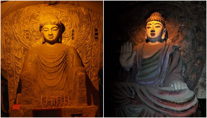 В храмовых пещерах сохранились каменные статуи древних мастеров (Парк тысячи Будд, Китай).