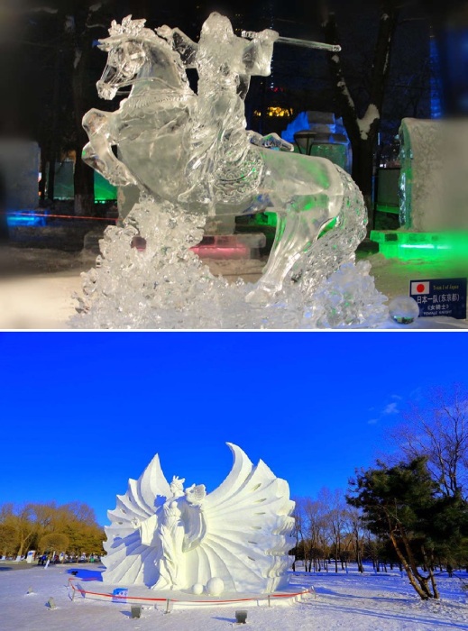 Изящные формы скульптур из льда и снега можно увидеть в любом из пяти тематических парков, оформленных в рамках проведения захватывающего фестиваля (Харбин, Китай).