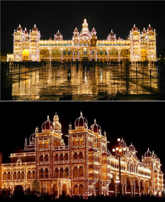 Два месяца в году королевский дворец Майсура каждую ночь сверкает тысячами огней (Mysore Palace, Индия).