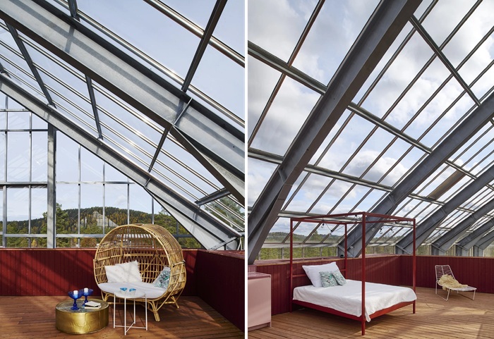 На крыше дома обустроена зона отдыха и спальня.