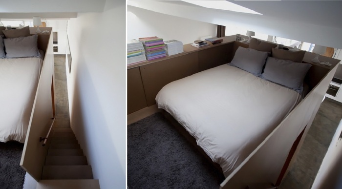 Спальня в преображенном гараже находится на втором ярусе деревянного модуля (Бордо, Франция).