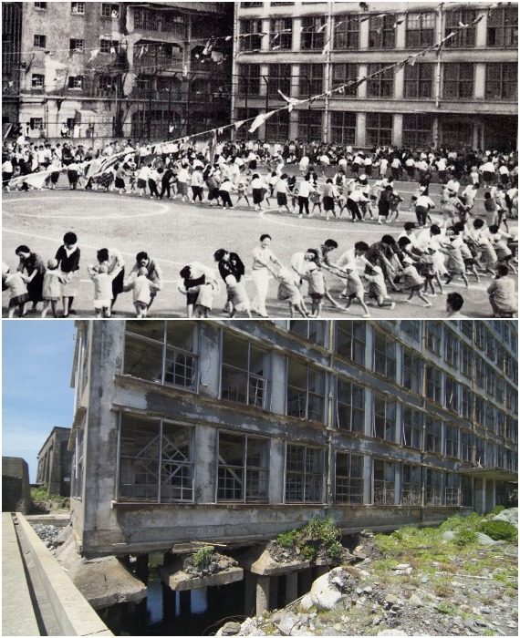 Там, где раньше училась детвора, теперь только разруха (Hashima Island, Япония).