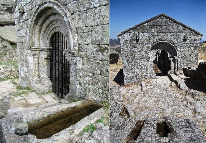 Вокруг древней христианской святыни сохранилось множество каменных гробниц и камень жертвоприношений язычников (Capela de São Miguel, Монсанто).