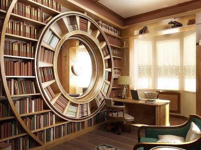 Оригинальный книжный шкаф с круглой полкой посередине.