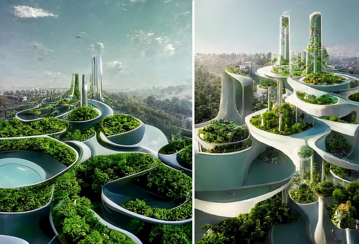Зеленые крыши станут дополнительным местом для прогулок горожан (концепт AI x Future Cities).