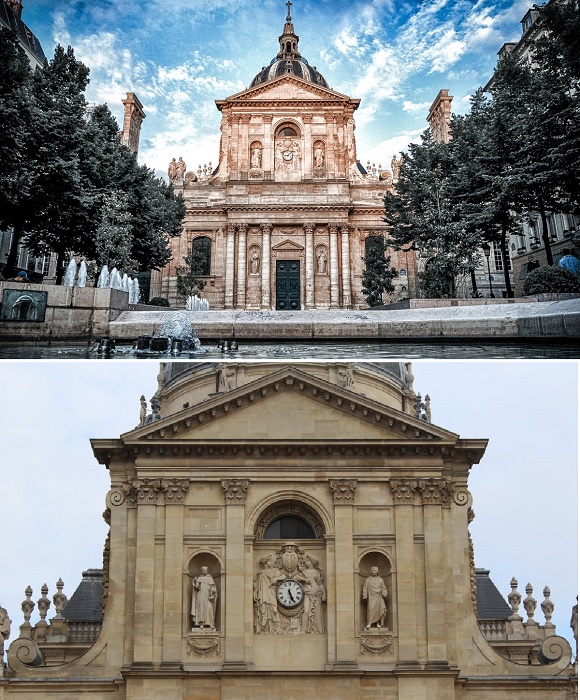 Фасад украшают статуи святых и множество эффектных архитектурных элементов (Сорбонна, Франция).