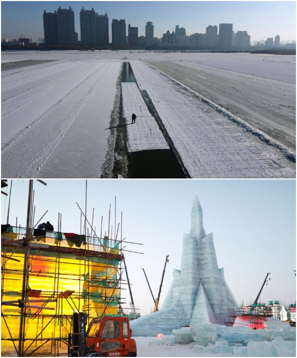 Для создания главных экспонатов выставки и организации самой территории понадобилось 330 тыс. кубометров льда и снега (Harbin Ice and Snow World, Китай).